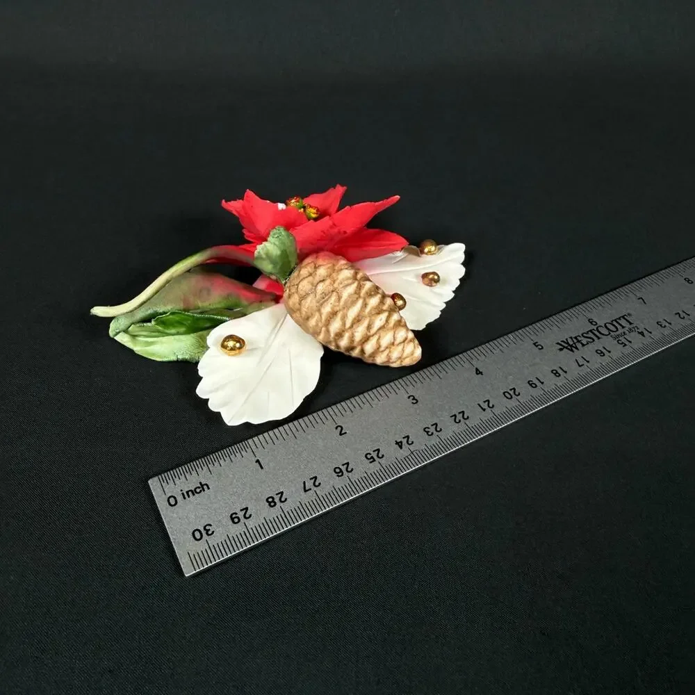 Capodimonte Porcelain Flower Red Poinsettia Pine Cone White and Green Leaves